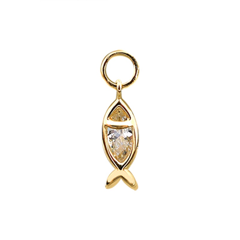 14 Real Solid Gold Minimalist Modern Trendy Dangle Boho Cz Fish Hoop Earring Charm 14K Yellow Gold