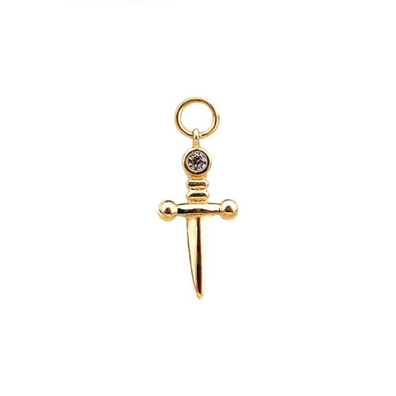 14 Solid Gold Minimalist Modern Trendy Dangle Boho Cz Sword Hoop Earring Charm 14K Yellow Gold