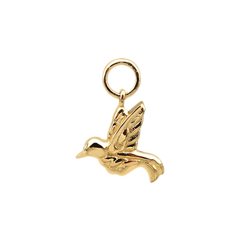 14 Solid Gold Minimalist Modern Trendy Dangle Boho Hummingbird Hoop Earring Dangle Charm 14K Yellow Gold