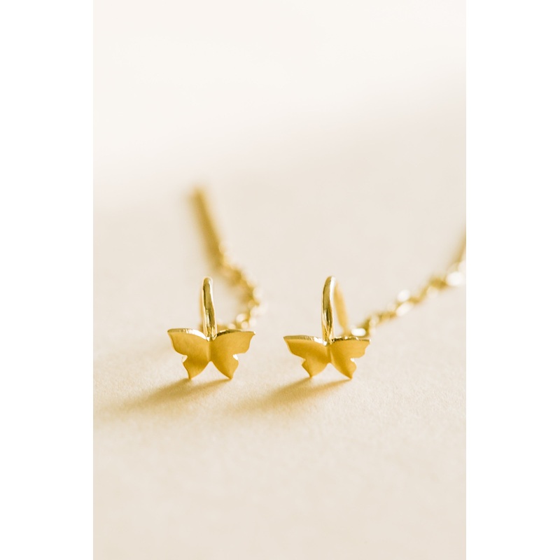 14K Solid Gold Jewelry Delicate Butterfly Dangling Chain Earrings 14K Gold