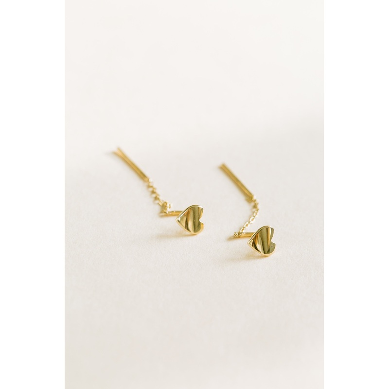 14K Solid Gold Jewelry Delicate Heart Dangling Chain Earrings 14K Gold
