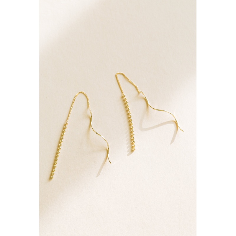 14K Solid Gold Jewelry Delicate Spiral Dangling Chain Earrings 14K Gold