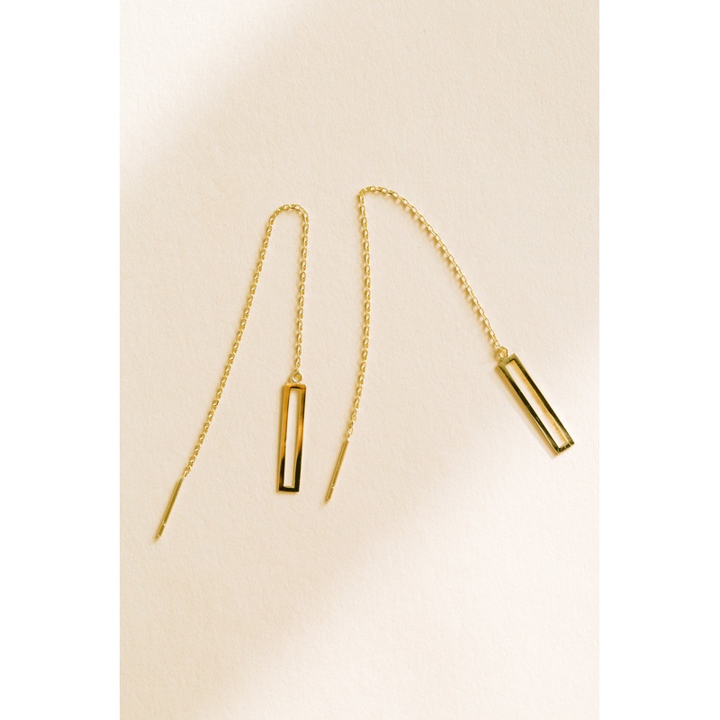 14K Solid Gold Jewelry Delicate Square Dangling Chain Earrings 14K Gold