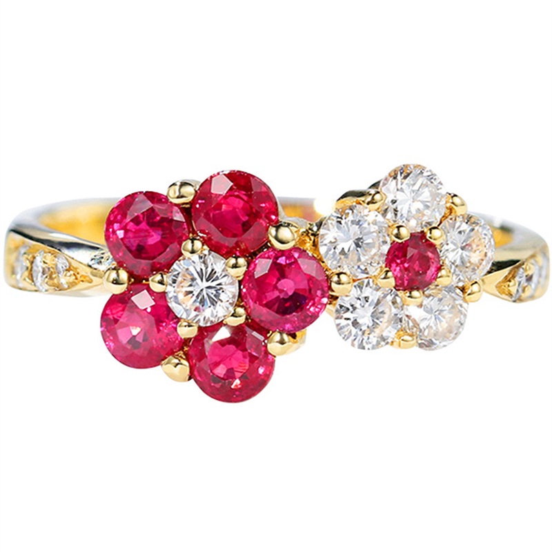 1.10CTW Diamond and Ruby Double Flowers Ring 14k Yellow Gold