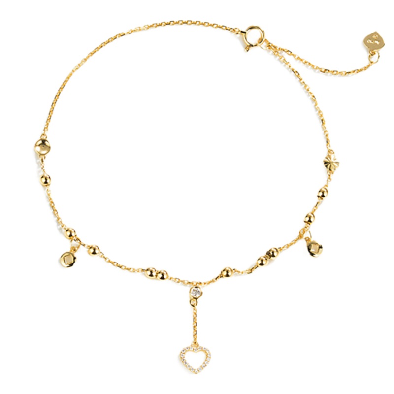 Diamond Dangle Heart Charm Anklet 14k Yellow Gold