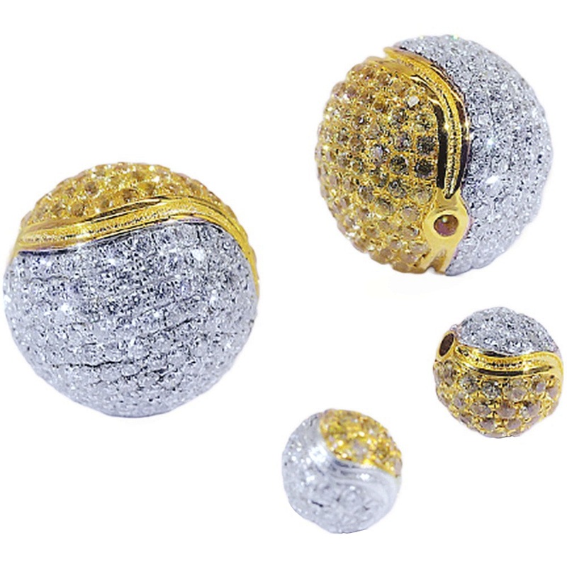 Solid 18k Gold Yellow and White Diamond Spacer Bead Ball Small