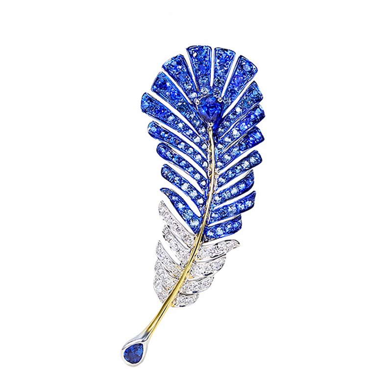 Sapphire Diamond Feather Shaped Brooch Pendant 14k Gold