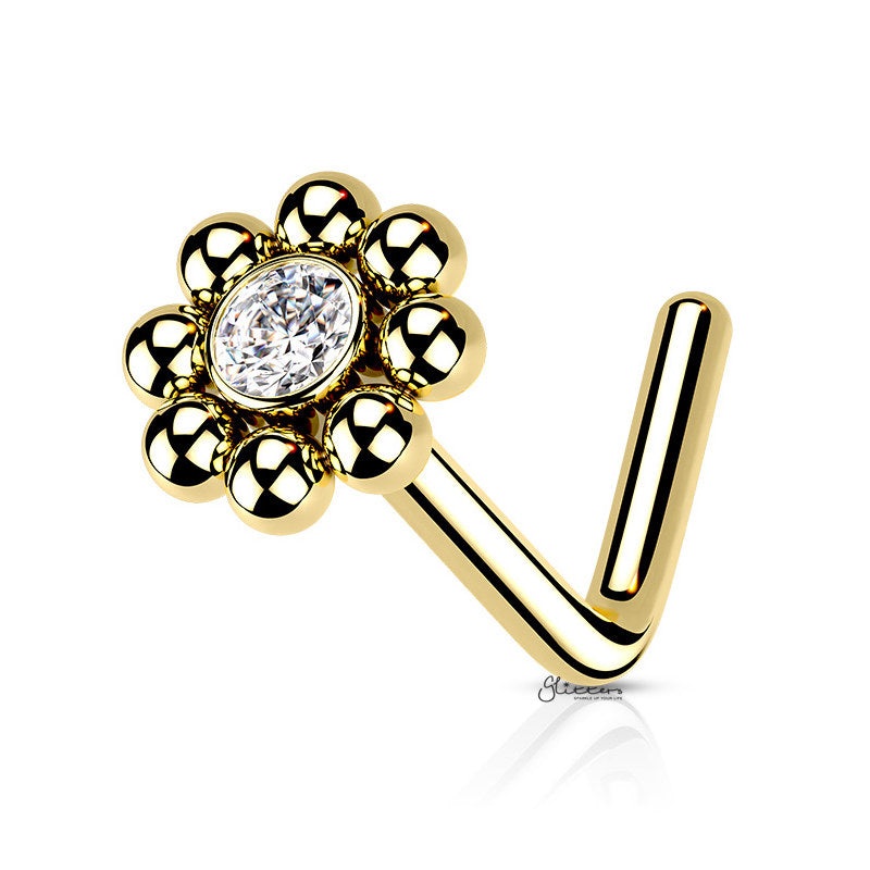 Beaded Ball Edge with CZ Center L Bend Nose Stud Ring – Gold