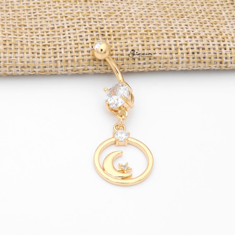 Crescent Moon and CZ Star Dangle Belly Button Ring – Gold