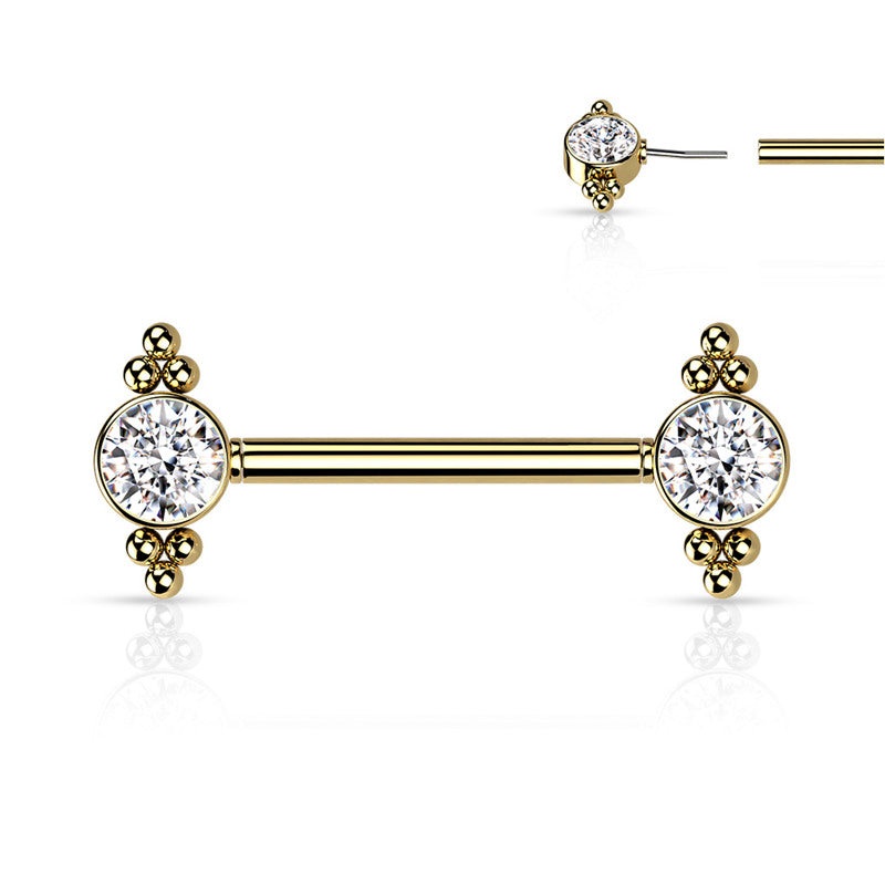 CZ and Ball Clusters Push in Nipple Barbell – Gold