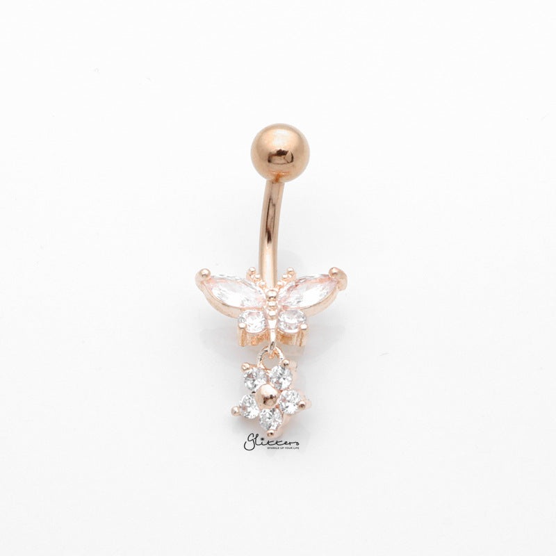 CZ Butterfly with Dangle Flower Belly Button Navel Ring – Rose Gold