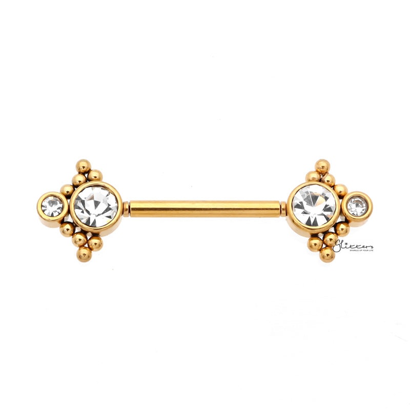 Double CZ and Ball Clusters Push in Nipple Barbell – Gold