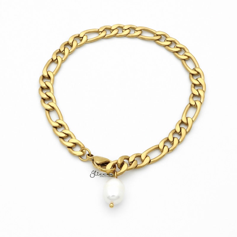 Freshwater Pearl with Gold I.P Stainless Steel Figaro Chain Bracelet