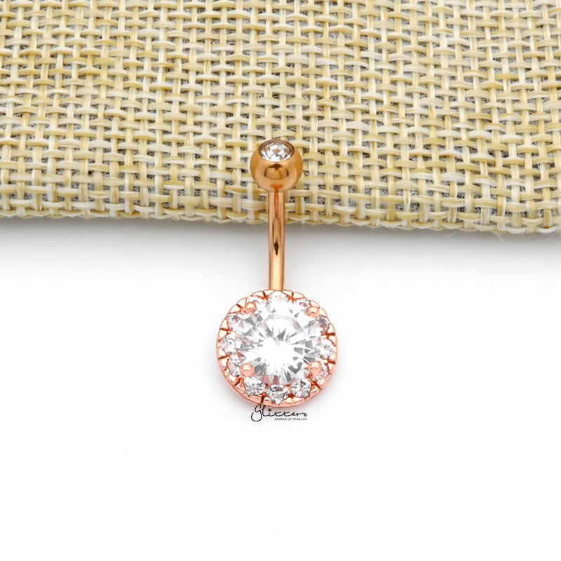 Round Prong Set CZ Center Double Gem Belly Button Navel Ring – Rose Gold