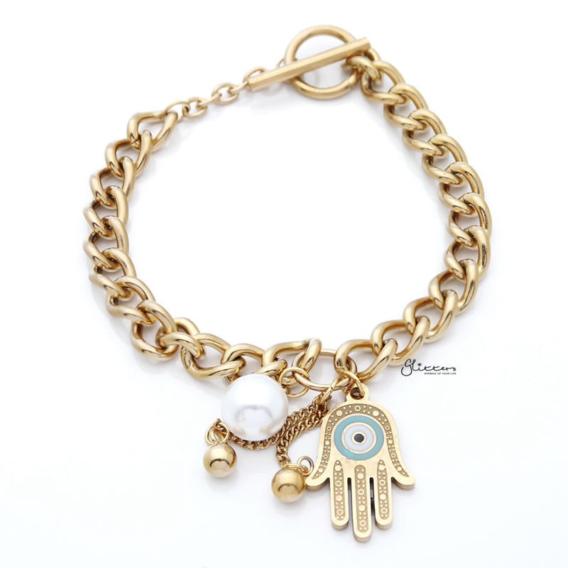 Stainless Steel Women’s Bracelet with Dangle Hamsa Charms – Gold