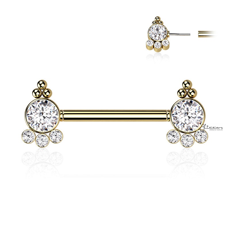 4 CZ and Ball Clusters Push in Nipple Barbell – Gold