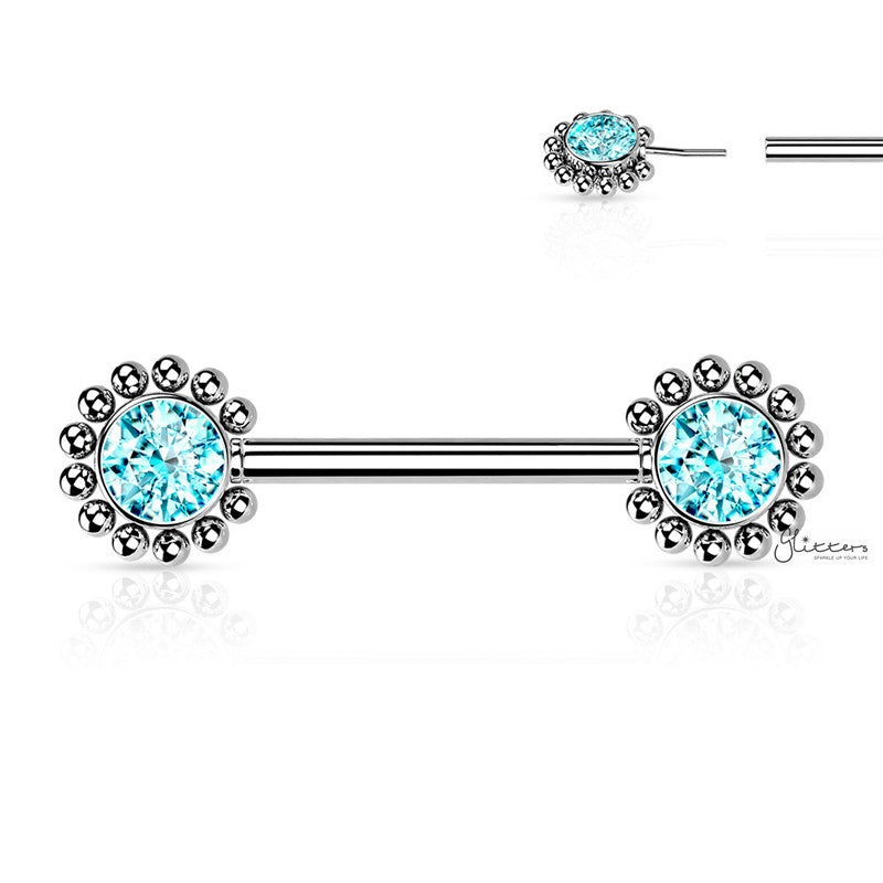CZ and Beaded Ball Edge Push in Nipple Barbell – Aqua