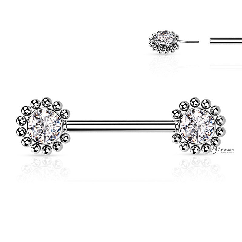 CZ and Beaded Ball Edge Push in Nipple Barbell – Clear