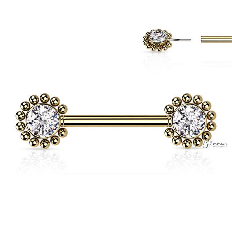 CZ and Beaded Ball Edge Push in Nipple Barbell – Gold