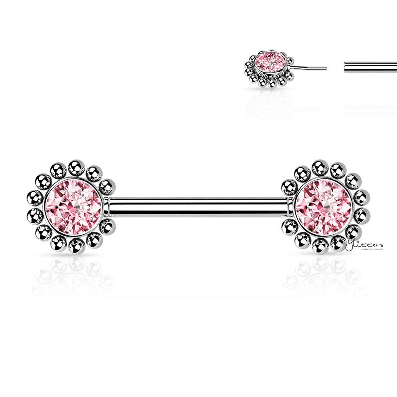CZ and Beaded Ball Edge Push in Nipple Barbell – Pink