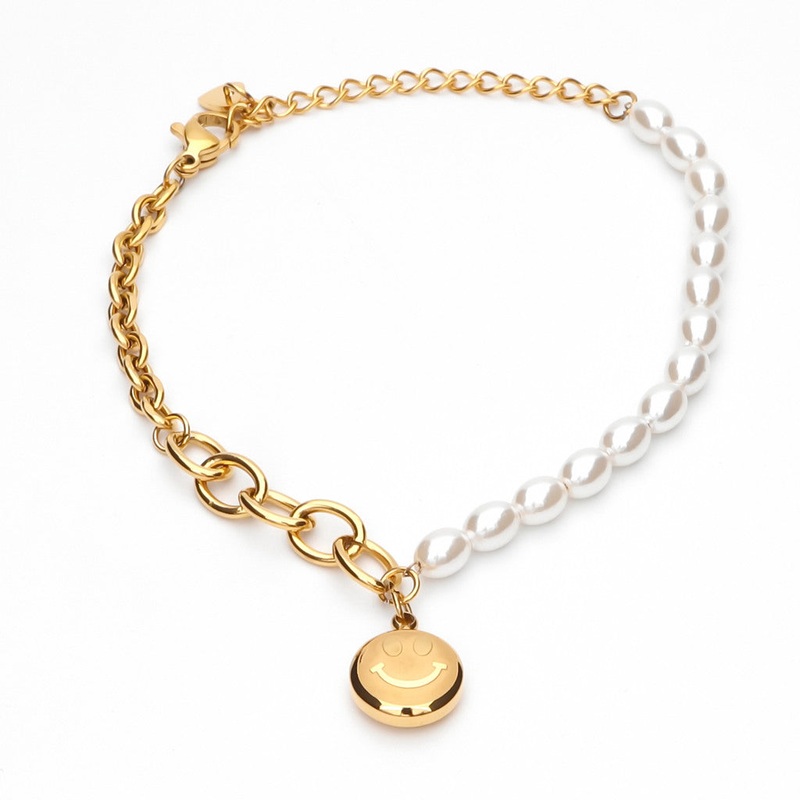 Stainless Steel Women’s Bracelet with Dangle Smiley Face Charm – Gold
