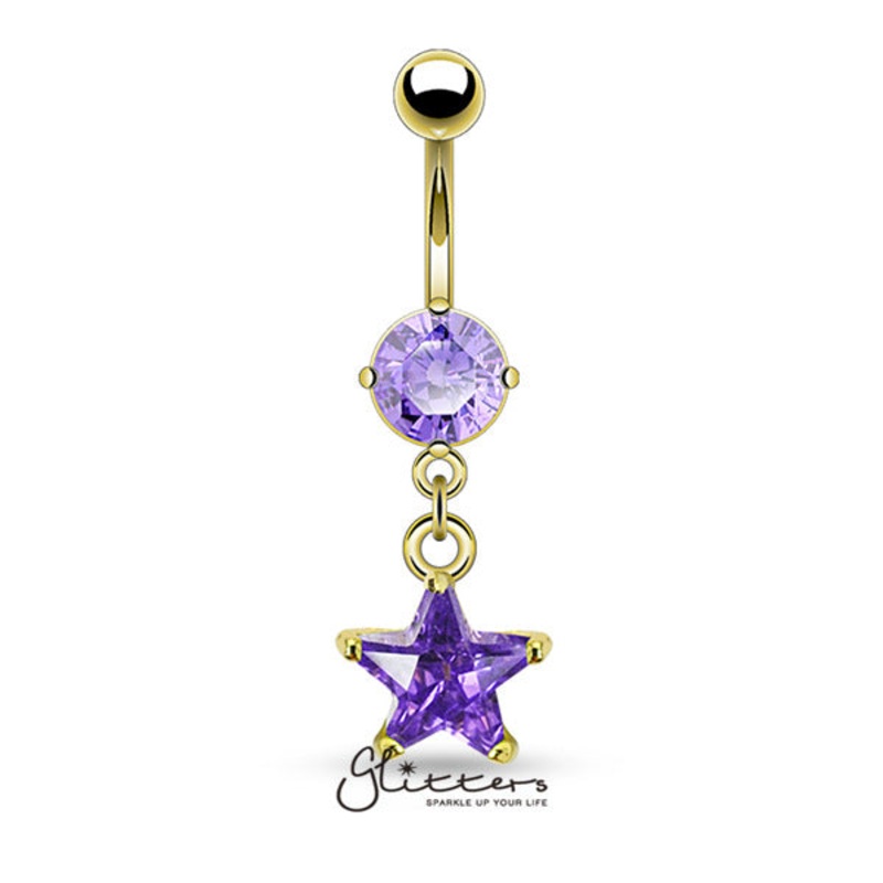 14kt Gold Ion Plated Tanzanite Star Shaped Cubic Zirconia Dangle Belly Button Ring