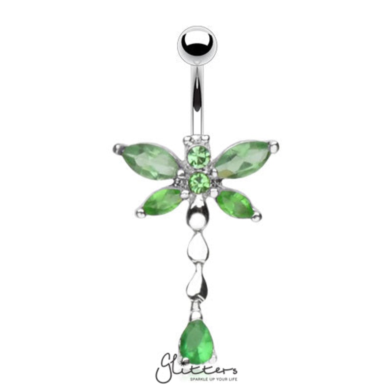 316L Surgical Steel Cubic Zirconia Dragonfly Dangle Belly Ring-Green