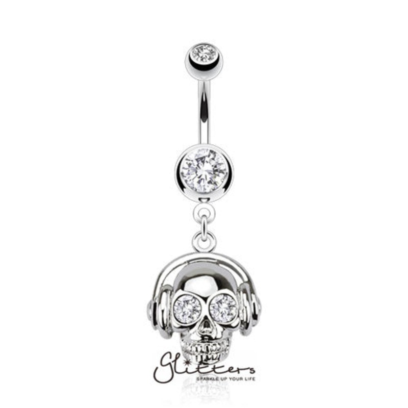 316L Surgical Steel Headset Skull with Cubic Zirconia Eyes Dangle Belly Ring-Clear