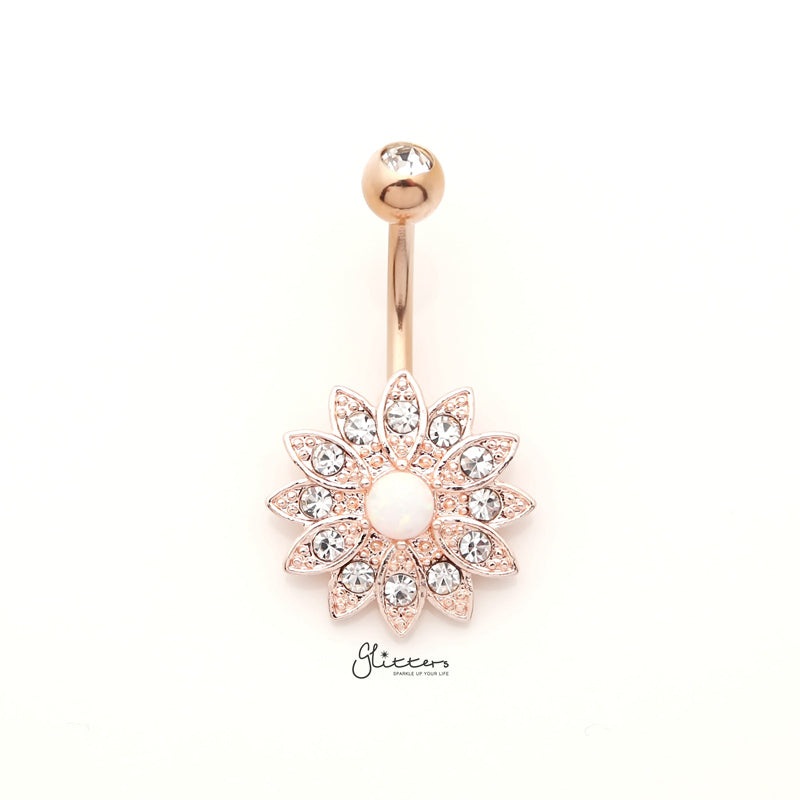 Crystal Paved Flower with Opal Center Belly Button Navel Ring – Rose Gold