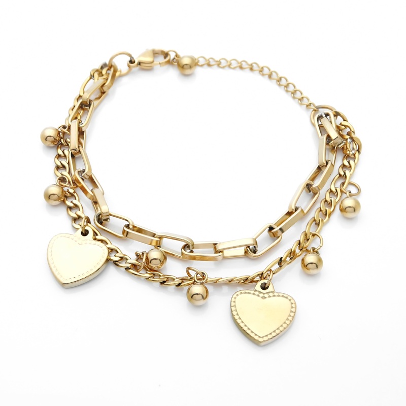 Double Layered Women’s Bracelet with Dangle Heart Charms – Gold