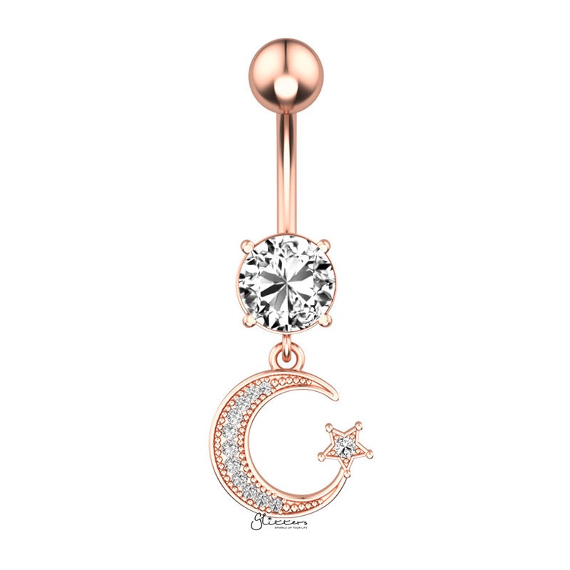Moon and Star Dangle Belly Button Navel Ring – Rose Gold