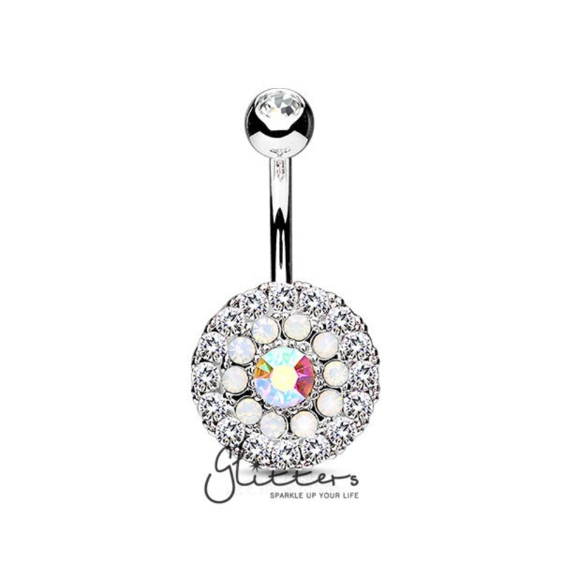 Multi Circle Triple Tiered Crystal and Clear Opalite Surgical Steel Navel Ring