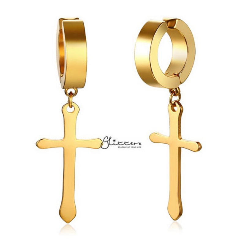 Non-Pierced Stainless Steel Clip On Cross Dangle Hoop Earrings – Gold