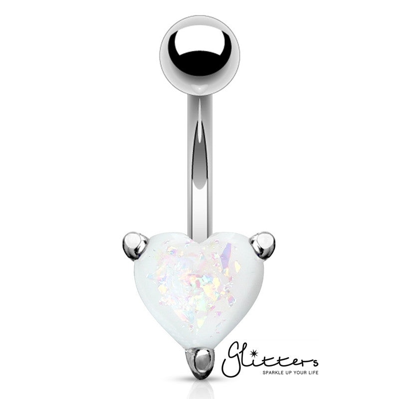 Opal Glitter Prong Heart Set Belly Button Ring – White