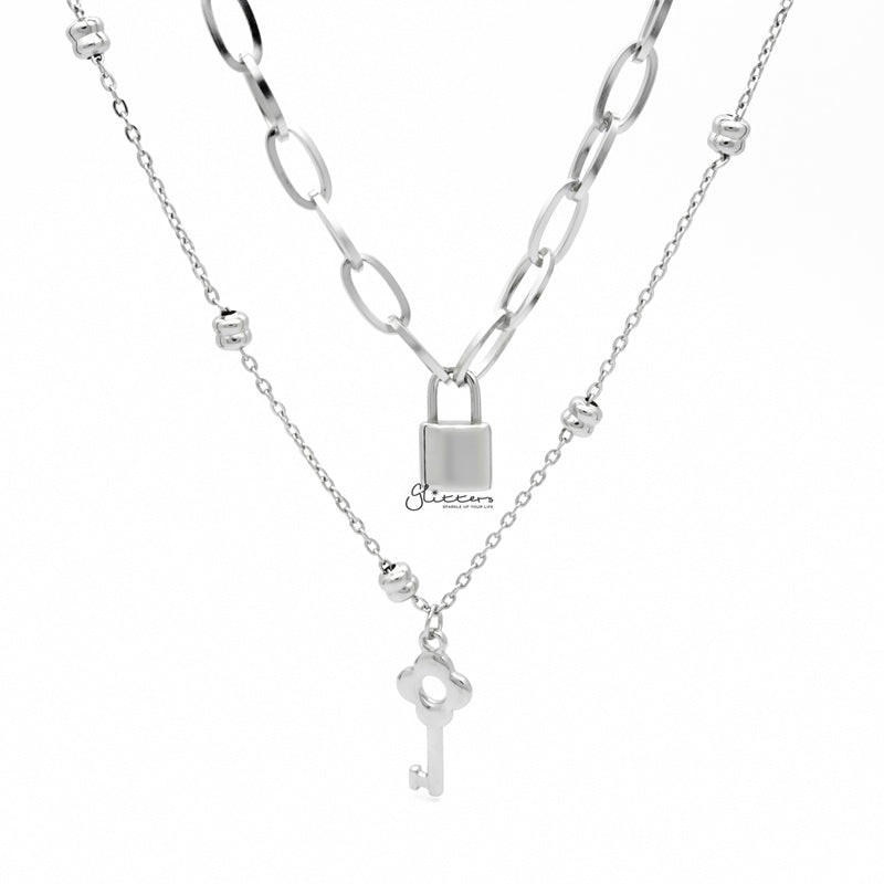 Stainless Steel Key and Lock Pendants Double Layer Necklace