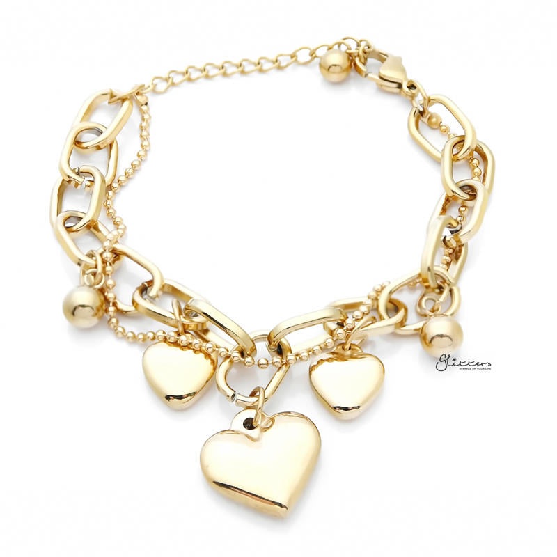 Stainless Steel Women’s Bracelet with Dangle Heart Charms – Gold