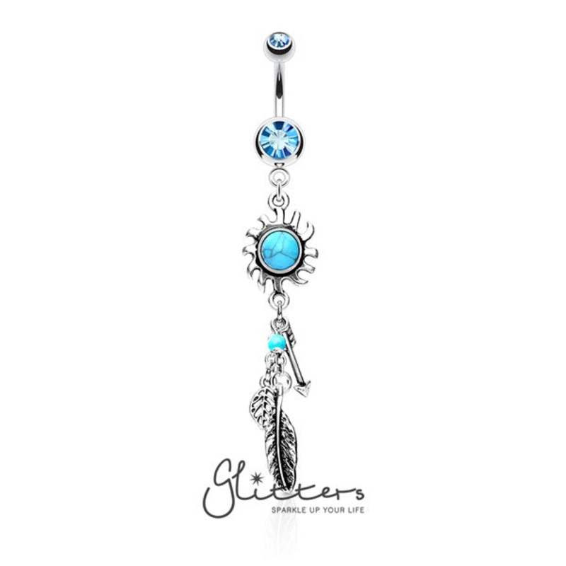 Turquoise Centered Tribal Sun with Feather and Arrows Dangle Double Gem Belly Ring