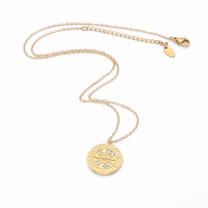 Zodiac Dial Pendant Stainless Steel Necklace – Gold