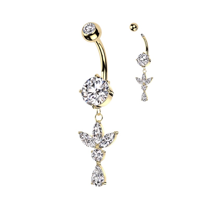 3 Marquise CZ Leaf and Pear CZ Belly Button Navel Ring – Gold
