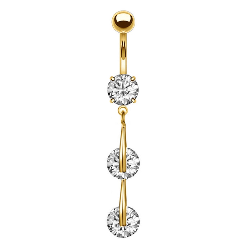 3 Round CZ Vertical Dangle Belly Button Ring – Gold