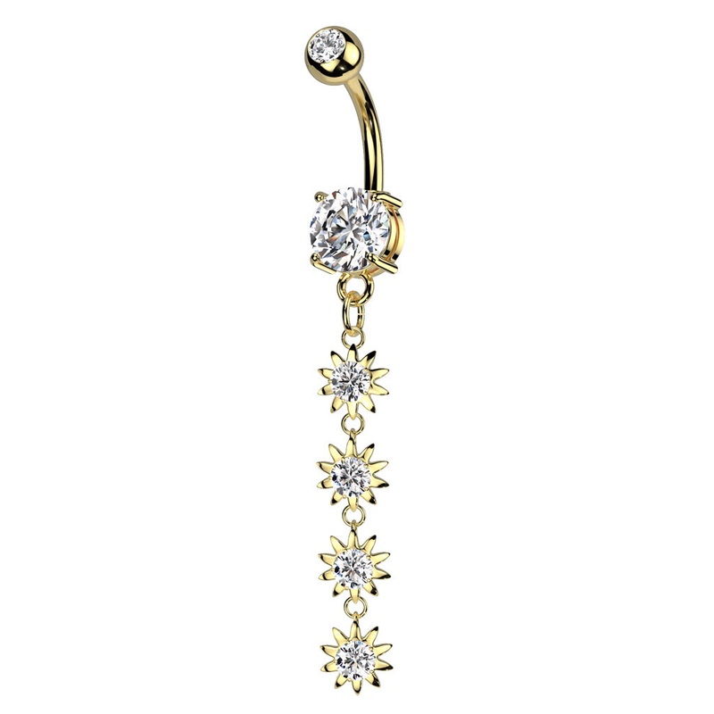 4 CZ Flower Vertical Dangle Belly Button Ring – Gold