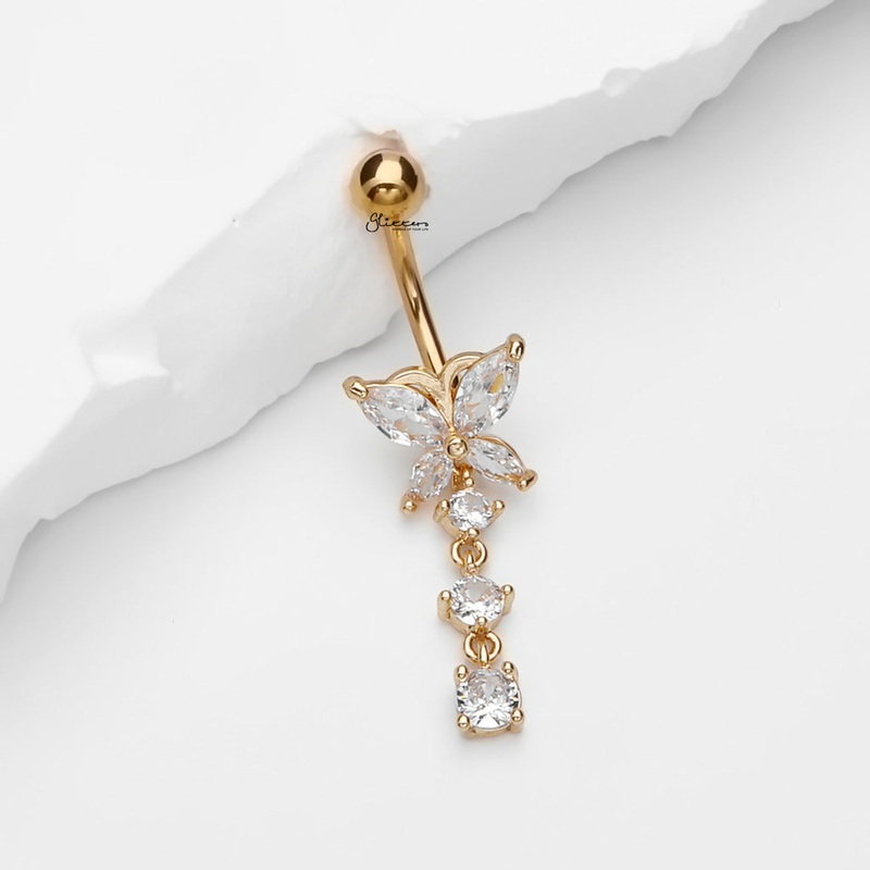 CZ Butterfly with 3 Dangle CZ Belly Button Navel Ring – Gold