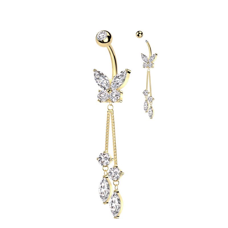 CZ Butterfly with Dangle Marquise CZ Belly Button Navel Ring – Gold