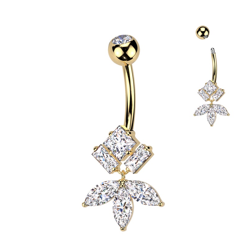 Diamond CZ And Marquise CZ Fan Dangle Titanium Belly Button Ring – Gold