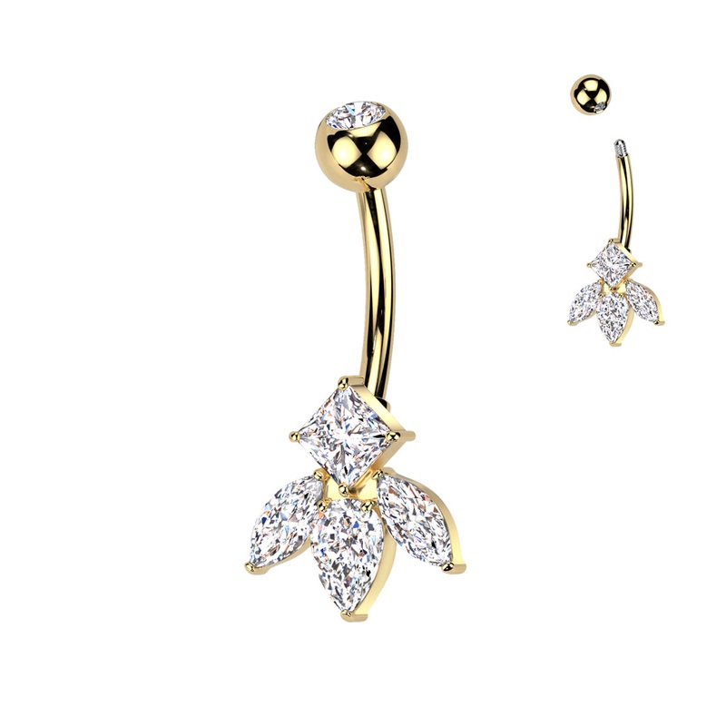 Marquise And Diamond CZ Flower Titanium Belly Button Ring – Gold