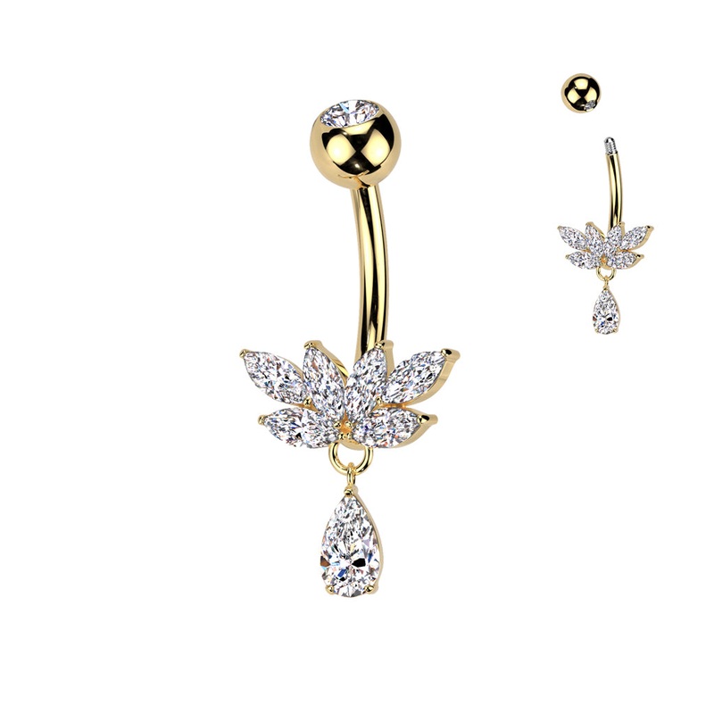 Marquise CZ Fan And CZ Teardrop Dangle Titanium Belly Button Ring – Gold