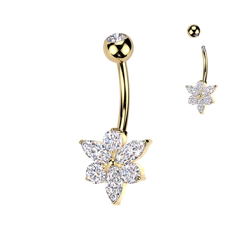 Marquise CZ Flower Titanium Belly Button Ring – Gold