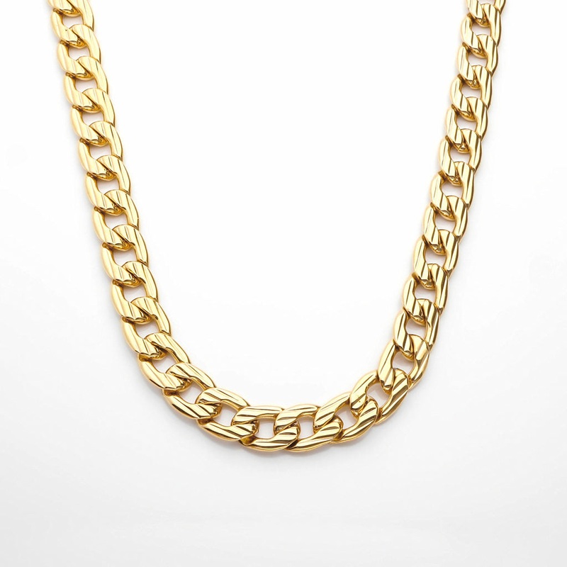 Stainless Steel 11mm Stripe Pattern Link Chain Necklace – Gold