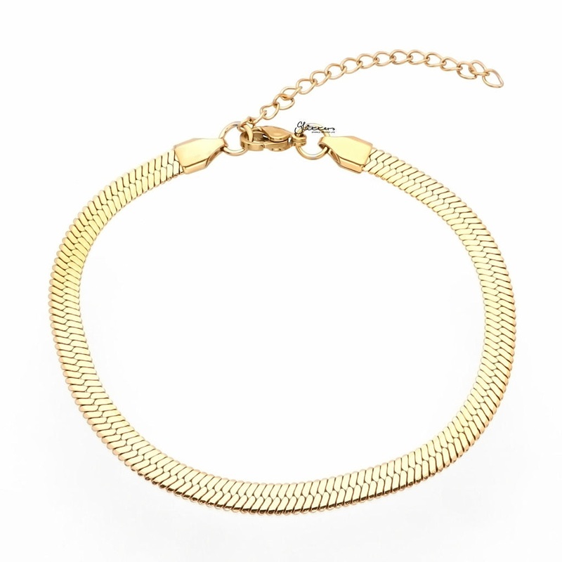 Stainless Steel 5mm Herringbone Chain Anklet – Gold