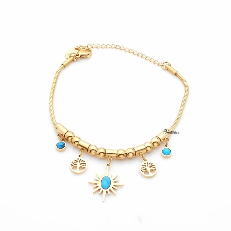 Stainless Steel Bracelet with Tree of Life and Turquoise Charms – Gold